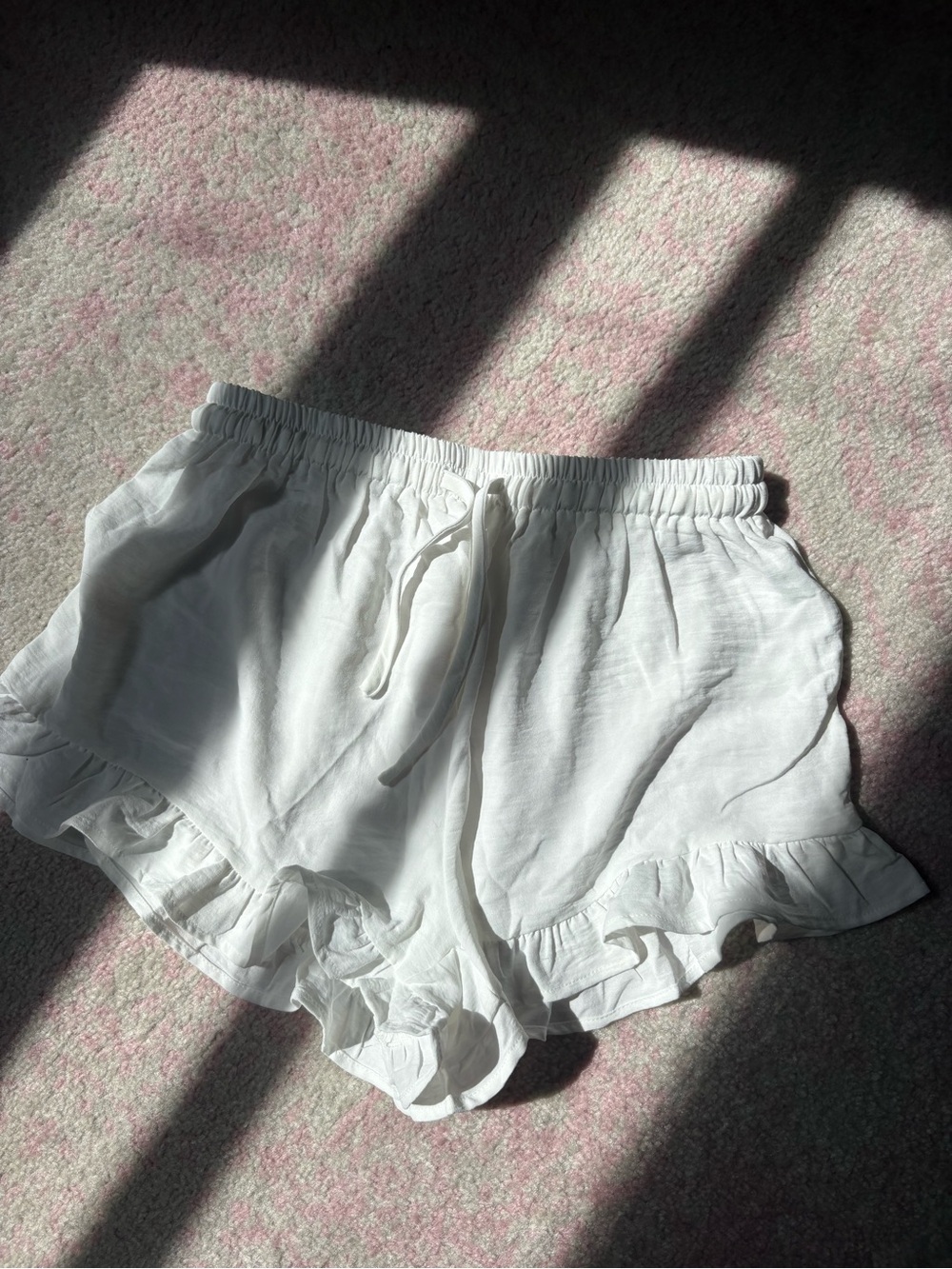Women's White Ruffle Hem Drawstring Shorts